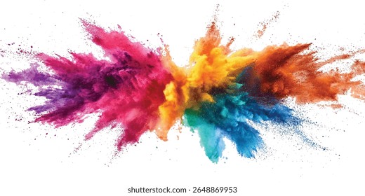 Explosión de polvo multicolor sobre fondo blanco. El polvo colorido explota. Colorido vibrante arco iris Holi pintura explosión de polvo de color con colores brillantes aislados de fondo blanco.