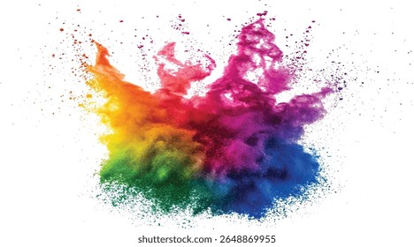 Multicolor powder explosion on White background. Colorful dust explode. Paint Holi. colorful vibrant rainbow Holi paint color powder explosion with bright colors isolated white background.