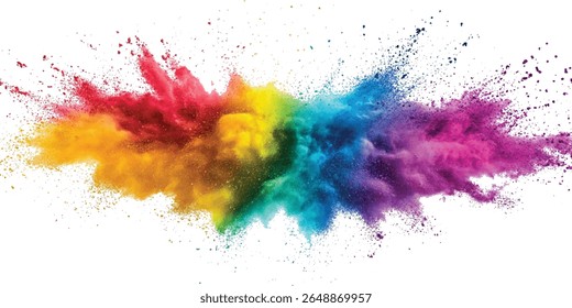 Multicolor powder explosion on White background. Colorful dust explode. Paint Holi. colorful vibrant rainbow Holi paint color powder explosion with bright colors isolated white background.