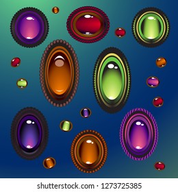 Multicolor precious stones. Vector Illustration set of jewelry vintage pendants ornament made of beads.