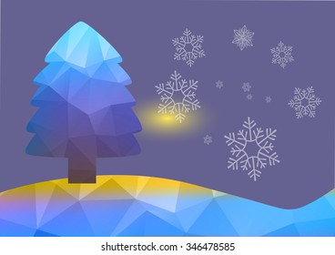 Multicolor purple, blue low poly style christmas tree vector illustration. Abstract triangular polygonal origami or crystal design of New Years celebration. 