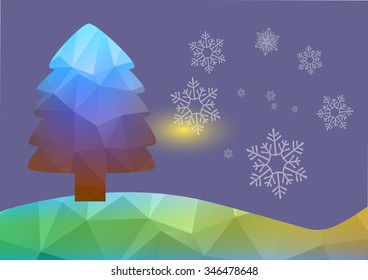 Multicolor purple, blue low poly style Christmas tree vector illustration. Abstract triangular polygonal origami or crystal design of New Years celebration. 