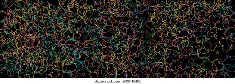 Multicolor Púrpura Transparente Partido Rojo Diseño Moderno. Vector de amor verde naranja rosado fondo romántico. Corazones Azules Amarillos Estilo Neón Violeta. Arcoiris Confetti Tejidos Ornamentales de Color Negro.