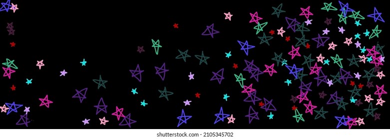 Multicolor Purple Violet Pink Lavender Vivid Chaotic Handdrawn Stars. Colorful Red Pastel Mint Stars Green Kids Dark Sky Background. Childish Black Night Vibrant Bordo Naive Bright Background.