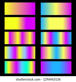 Multicolor rainbow gradient. Collection of colorful gradients with  glossy metal texture for design of covers, banners, posters and other creative projects. Blue, purple, yellow, crimson gradients.