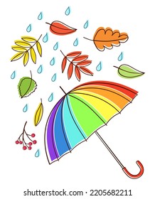 Paraguas arcoiris multicolor con gota de lluvia y hojas caídas. Dibujo manual de dibujos sobre el lindo arte otoñal. Divertido doodle simple estilo plano vectorial. Antecedentes de octubre.