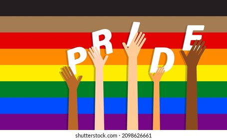 Multicolor raised hands holding together PRIDE word on new pride flag background. LGBT gay pride concept. Vector illustration