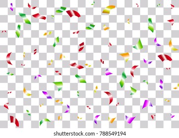 Multicolor random falling foil holiday confetti. Shimmer celebration transparent background. Luxury shine vector party illustration. Birthday carnival glitter. Shiny design banner glowing invitation.
