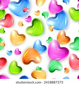 Multicolor realistic 3d glass hearts vector seamless pattern. Fashion textile rainbow print. Valentines Day love romantic background. Trendy fabric design or wrapping paper. Vector illustration