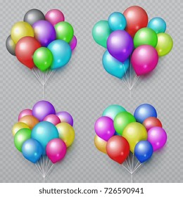 Multicolor realistic balloon bunches isolated. Wedding and birthday party decoration vector elements. Set of color air balloon bunch illustration