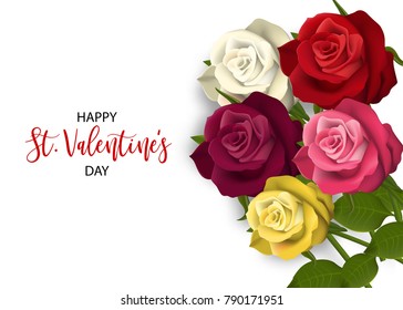 Multicolor realistic red rose St Valentine's day card. Love flower bouquet Valentines banner frame. Beautiful holiday blossom invitation. Vector colored illustration. Spring summer wedding background