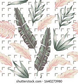 Multicolor realistic style exotic tropical palm leaves seamless vector pattern on white background with repeating gray corners