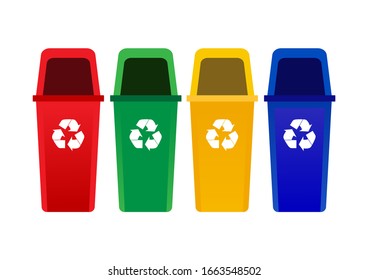 Multicolor recycle bins isolated on white background . red, green, yellow and blue with recycle symbol. Classification Trash of recycling. Concept of reducing environmental pollution. vector 