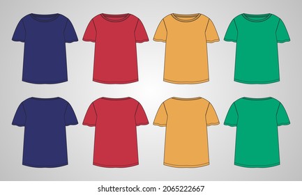 Multicolor Regular Flat Short sleeve T-shirt Technical sketch fashion template for Women's and Girls. Vector art illustration Clothing mock up front, back view. Easy Edit customizable