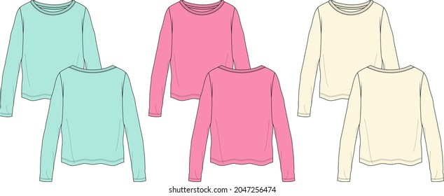 Multicolor Relax encaja con camiseta de manga larga técnica general Moda Plano Esbozo plano plantilla vectorial para mujeres. La camiseta en blanco de diseño de ropa se burla de la parte delantera, la parte trasera de las vistas aisladas en fondo blanco.