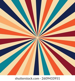 Multicolor retro spiral with vibrant wavy lines in teal, orange, and cream. Ideal for 70s designs, posters, album covers, and psychedelic visuals.