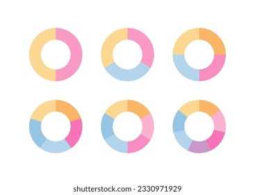 Multicolor ring segments. Circular colored structure chart template. Pie diagram divided into segments. Circle graph. Set schemes with sectors. Piechart with section and slices. Vector illustration