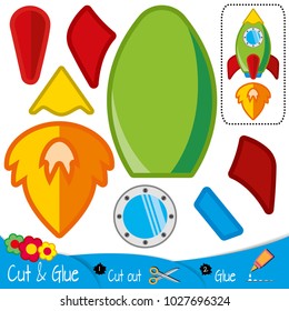 Multicolor rocket with a fire from a working engine. Spaceship. Education paper game for preshool children. Vector illustration.