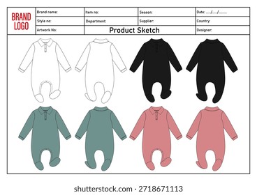 Multicolor Romper Bodysuit technical drawing vector illustration template for kids