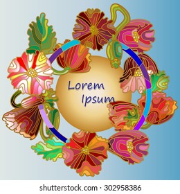 Multicolor round frame with flowers,leaves and buds of red poppies in the stained glass style