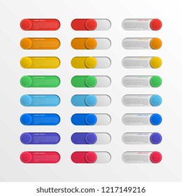 multicolor round switch interface buttons with text boxes. 3d realistic infographic slider. easy to edit and costomize vector illustration. eps10