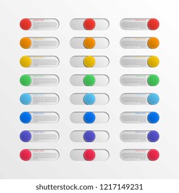 multicolor round switch interface buttons with text boxes. 3d realistic infographic slider. easy to edit and costomize vector illustration. eps10