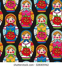 Multicolor russian nesting dolls on black background. Seamless pattern for your design. 
