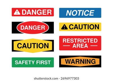 Conjunto de señalización de seguridad multicolor con iconos de PELIGRO, PRECAUCIÓN, AVISO y ÁREA RESTRINGIDA
