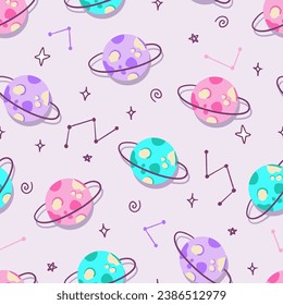 Multicolor Saturn Planets Vector Seamless Pattern