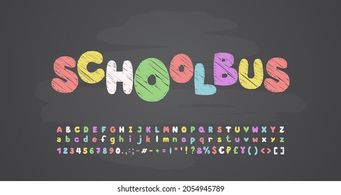 Multicolor school chalk bubble font, uppercase and lowercase letters, numbers, punctuation marks, math and currency symbols. Realistic chalkboard background