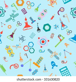 Multicolor science icon pattern with blue background