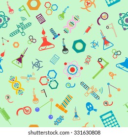 Multicolor science icon pattern with green background