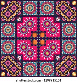 Multicolor Seamless abstract festive vivid tile pattern decoration. Tiled ethnic pattern for fabric psychedelic aztec boho set. Tribal geometric mosaic 