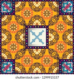 Multicolor Seamless abstract festive vivid tile pattern decoration. Tiled ethnic pattern for fabric psychedelic aztec boho set. Tribal geometric mosaic 