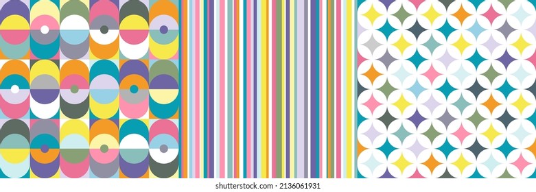 Multicolor seamless geometric pattern set with stripes and circles. Vector.