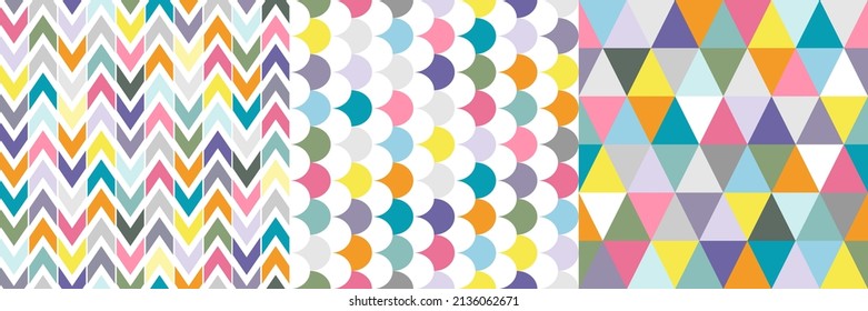 Multicolor seamless geometric patterns set with circles, zigzag and triangles. Vector.