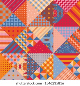 Multicolor seamless patchwork pattern from patches with geometric ornaments. Print for fabric, quilt, paper, wallpaper, wrapping design.