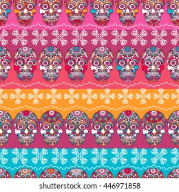 Multicolor seamless pattern. Boho strips decorated skull element. tribal texture