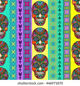 Multicolor seamless pattern. Boho strips decorated skull element. tribal texture