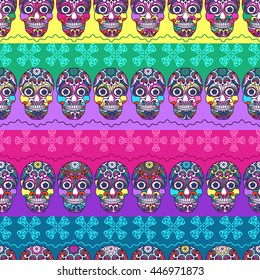 Multicolor seamless pattern. Boho strips decorated skull element. tribal texture