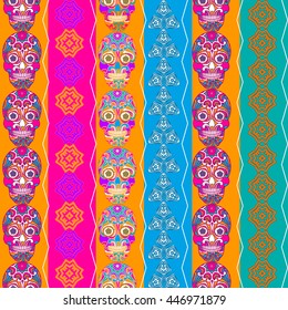 Multicolor seamless pattern. Boho strips decorated skull element. tribal texture