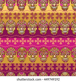 Multicolor seamless pattern. Boho strips decorated skull element. tribal texture