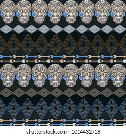 Multicolor seamless pattern. Boho style decorated tribal texture . Skulls and flowers on strips. Vector illustration. EPS10
