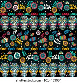 Multicolor seamless pattern. Boho style decorated tribal texture. Skulls and flowers on strips. Vector illustration. EPS10