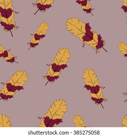 Multicolor seamless pattern with cartoon feathers and purple brushstrokes. Cartoon sketch drawn by ink. Hand drawn vector illustration.