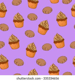 Multicolor seamless pattern with cupcakes and biscuits or meringues on pastel lilac background. Cartoon sketch drawn by ink. Hand drawn vector illustration.