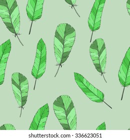 Multicolor seamless pattern with feathers on pastel background. Sketch drawn by ink. Hand drawn vector illustration.