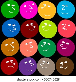 Multicolor seamless pattern from many different emotions on cartoon people's faces in an abstract modern style on a black background. Vector for design textiles and prints.