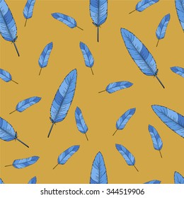 Multicolor seamless pattern with motley feathers on yellow
pastel background. Cartoon sketch drawn by ink. Hand drawn vector illustration.