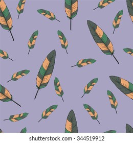 Multicolor seamless pattern with motley feathers on lavender pastel background. Cartoon sketch drawn by ink. Hand drawn vector illustration.